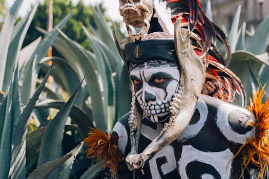 A vivid portrayal of Mexican festival attire with intricate skull face paint and traditional headdress.