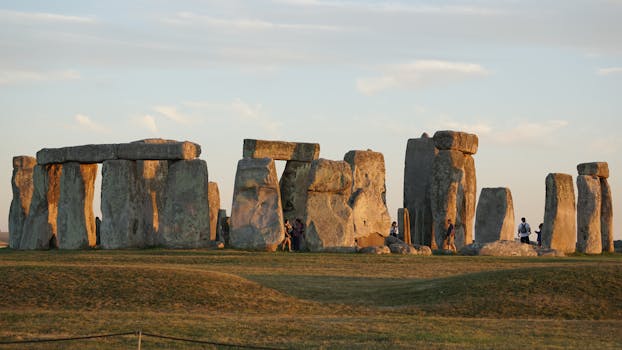 Explore the iconic Stonehenge monuments at sunset, a marvel of prehistoric England.