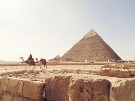 Explore the iconic Giza Pyramids with camels in the foreground, capturing Egypt's rich history.